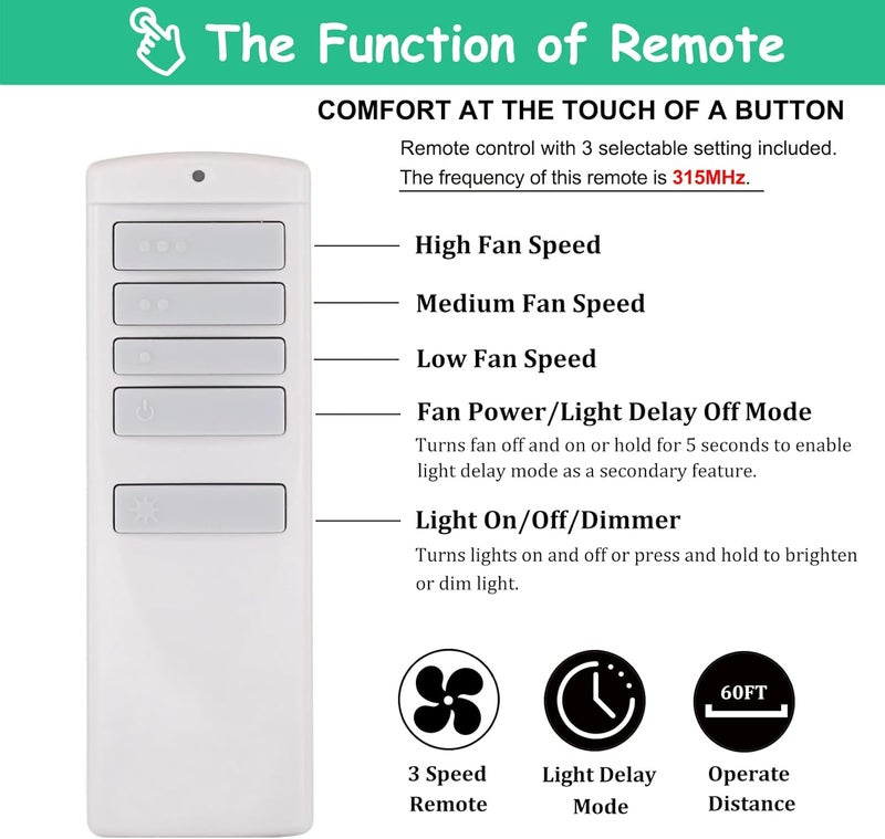 Prichor Universal Ceiling Fan Remote Control Kit Replacement for Harbor Breeze Hampton Bay Hunter, 3 Speeds with Light Dimmer, Replace A25-TX001-R1/A25-TX005-R/A25-TX013/ZJF-RT01A, 315MHz - Image 4